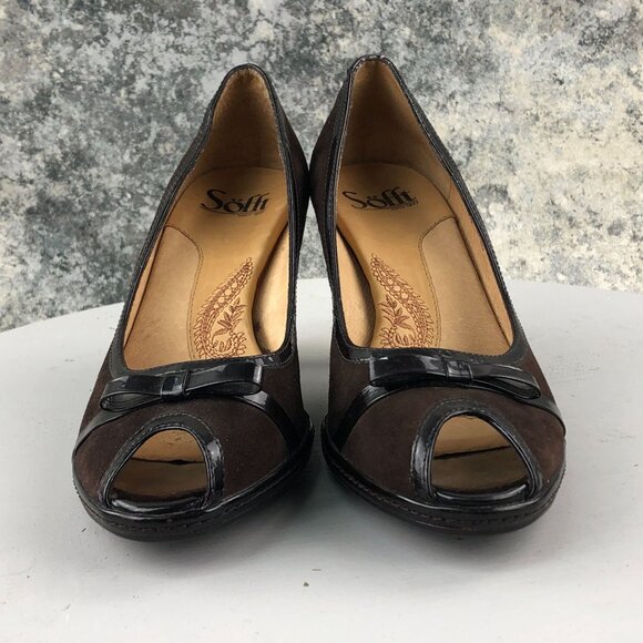 SOFFT Women's 7M Brown Suede Patent Leather Trim Peep Toe High Heel Pumps - Picture 2 of 13